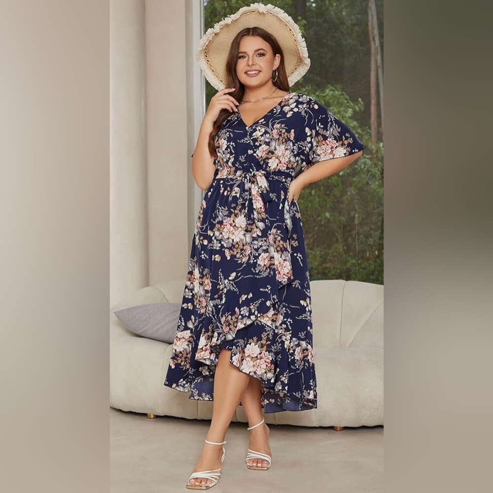 Keluummi NWT blue/pink hi lo ruffle tiered boho floral wrap wedding guest dress